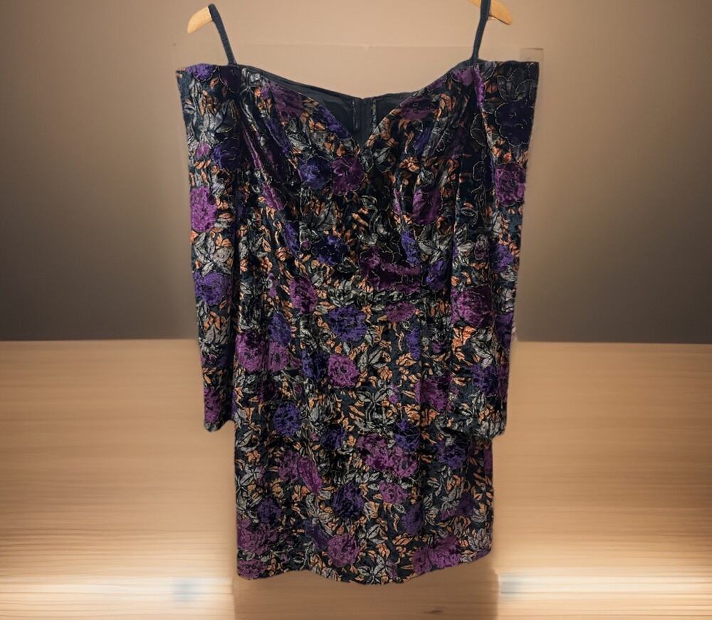 Vtg 90s Floral Burnout Velvet Dress Pencil Off Shoulder Bardot Party Goth 9/10
